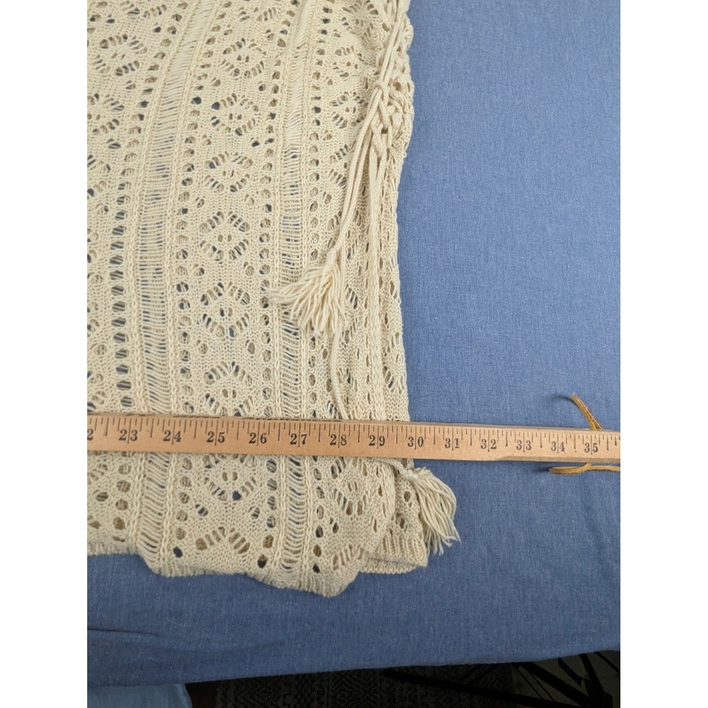 Cream Crochet Knit V-Neck Poncho Top with Side Tassel Ties One Size Boho - Picture 8 of 11